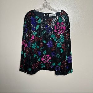 Vintage Royal 100% Silk Black Sequin Floral Long Sleeve Top Size XL
